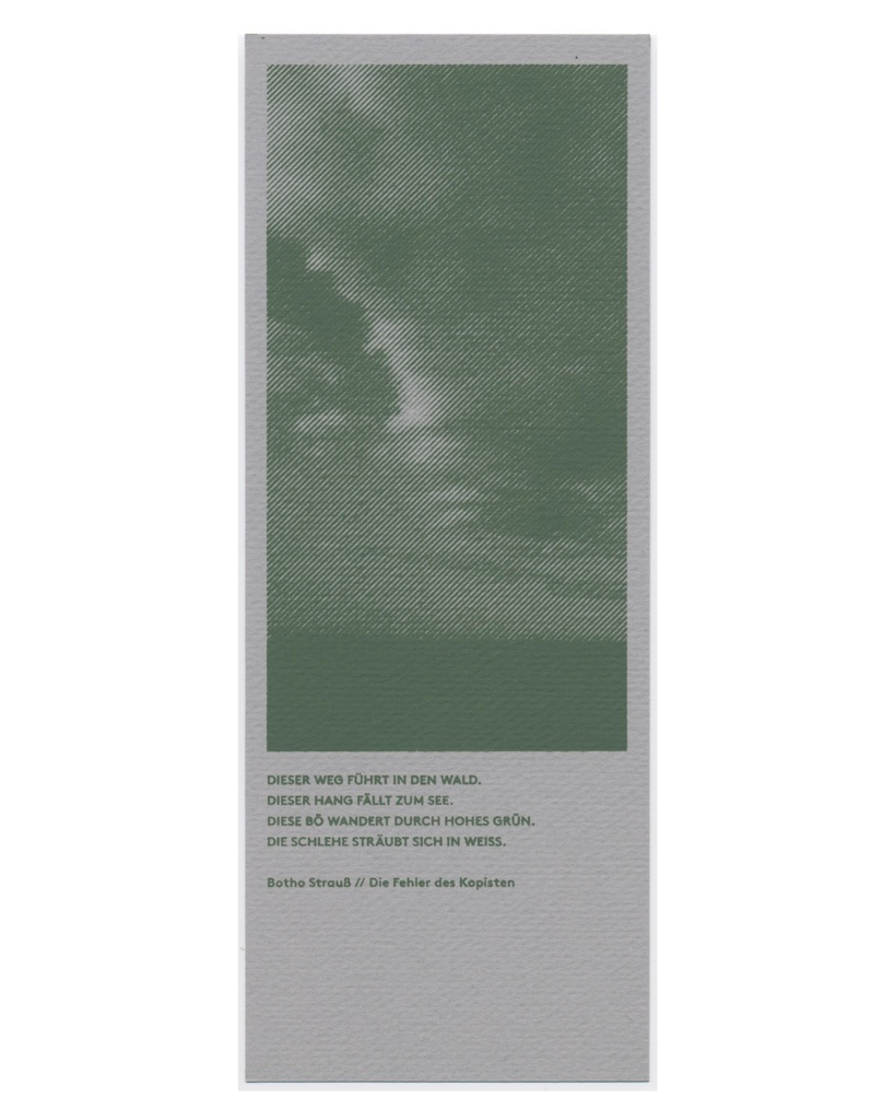 Handsiebdruck-Stehbild mit Text von Botho Strauß